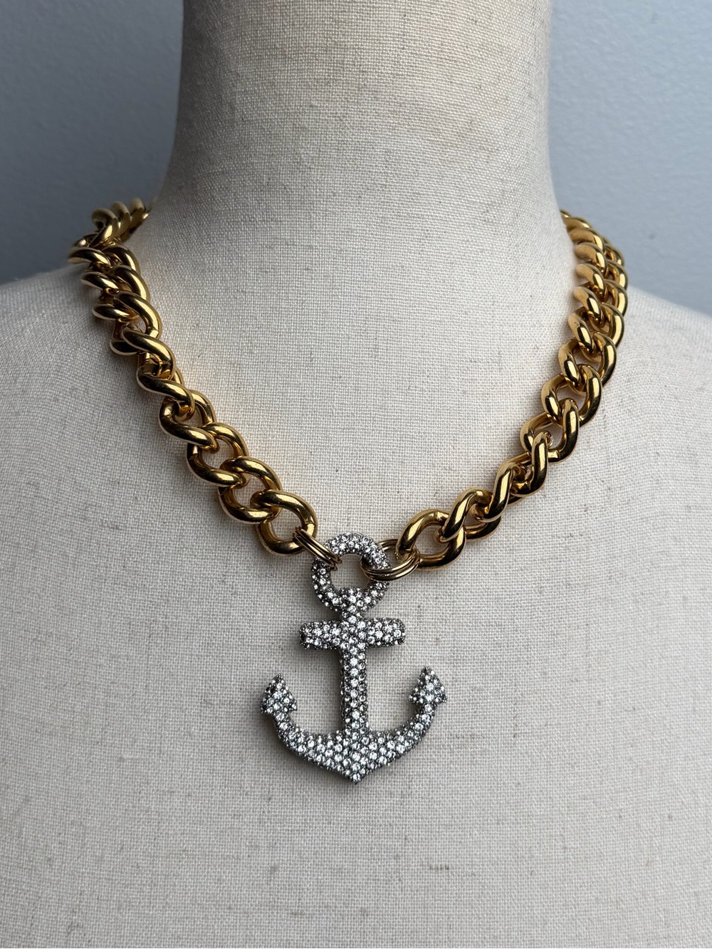 Juicy Couture Y2K Gold Tone Curb Chain Pavé Rhinestone Anchor Pendant Necklace